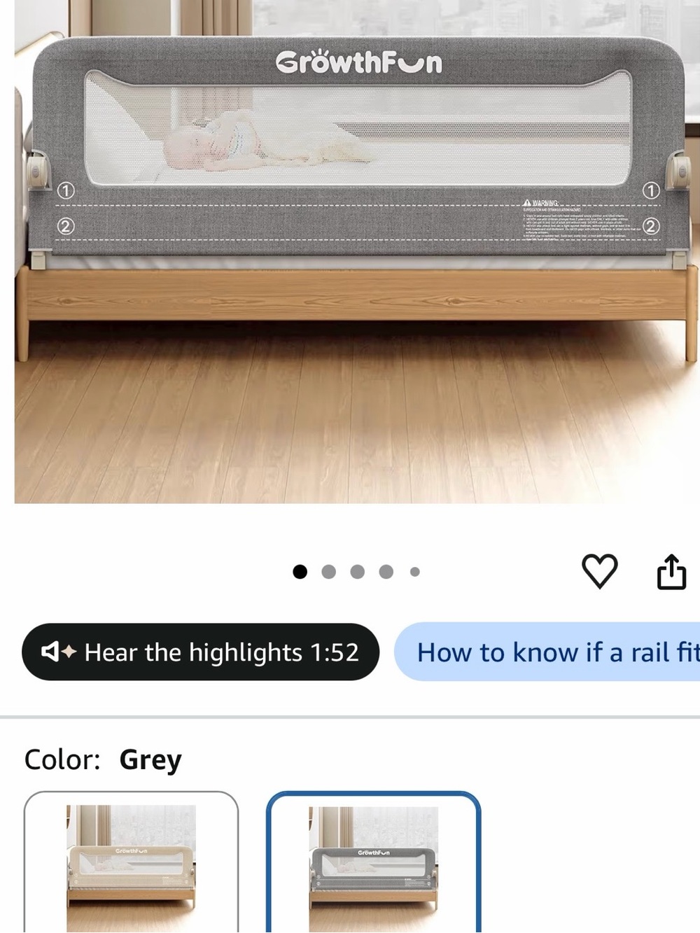 GrowthFun Grey Bed Rail Guard - Mesh Safety Rail